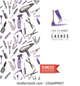 Beauty salon flyer promo card. Motivation quote: life is short but not lashes. Fashion background with cosmetic, make up tools and fashion accessories. Editable vector template of greeting card.