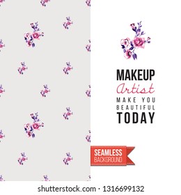 Beauty salon flyer promo card. Motivation quote: makeup artist make you beautiful. Fashion background with cosmetic, make up tools and fashion accessories. Editable vector template of greeting card.