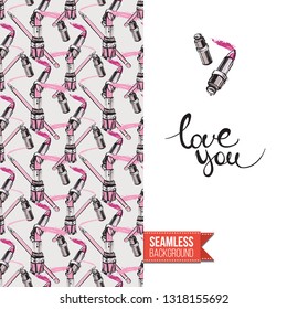 Beauty salon flyer promo card. Motivation quote: love you. Fashion background with cosmetic, make up tools and fashion accessories. Editable vector template of greeting card.