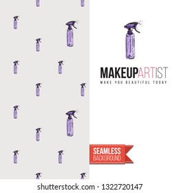 Beauty salon flyer promo card. Motivation quote: makeup artist. Fashion background with cosmetic, make up tools and fashion accessories. Editable vector template of greeting card.