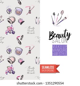 Beauty salon flyer promo card. Motivation quote: beauty salon. Fashion background with cosmetic, make up tools and fashion accessories. Editable vector template of greeting card.