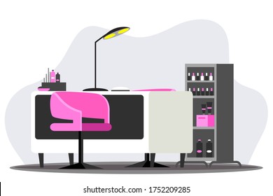 Beauty salon furniture isolated objects. Table, large lamp, shelf, nail polish, cosmetics, tools, chair for client. Interior design of nail care workplace, manicure studio. Vector illustration