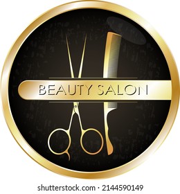 Beauty Salon Gold Symbol. Scissors Comb And Brush For Dyeing Hair