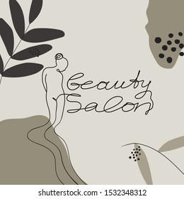 Beauty salon greeting card with women's body line style. Beauty concept stylized lettering on texture background. Postcard, banner, poster design