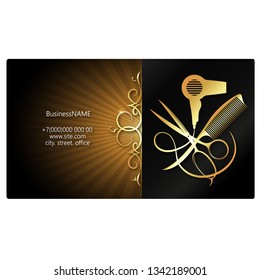 Beauty Salon And Hair Salon Business Card Design With Tool And Gold Ornament