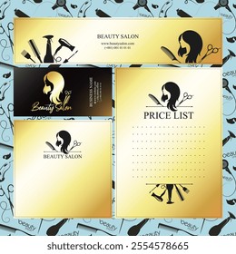 Beauty salon and hair salon, set of gold cards and advertising printing