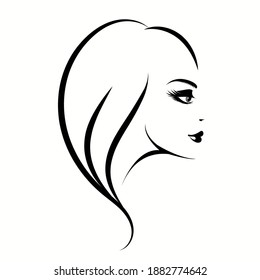 Beauty salon, hair studio illustration.Wavy hairstyle woman with elegant makeup.Cosmetics and spa icon isolated on light fund.Young lady portrait.Beautiful model face.Luxury,glamour style.