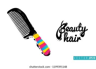 Beauty salon hairbrush and inscription: beauty hair. Promo card with hair dressing tool for beauty store, shop or fashion blog.