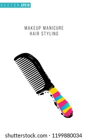 Beauty salon hairbrush and inscription: makeup manicure hair styling. Promo card with hair dressing tool for beauty store, shop or fashion blog.