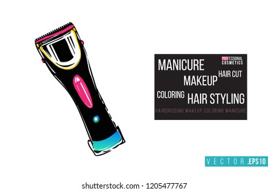 Beauty salon hairclipper and inscription: manicure makeup hair styling. Promo card with hair dressing tool for beauty store, shop or fashion blog.