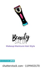 Beauty salon hairclipper and inscription: beauty salon. Promo card with hair dressing tool for beauty store, shop or fashion blog.