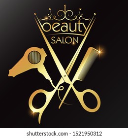 Beauty salon and hairdresser golden crown and scissors comb hair dryer