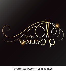 Beauty salon and hairdresser golden scissors and lock of hair symbol