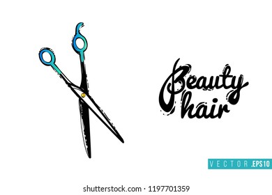 Beauty salon hairdressing scissors and inscription: beauty hair. Promo card with hair dressing tool for beauty store, shop or fashion blog.