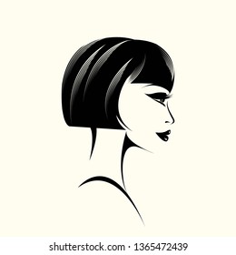 Beauty salon and hairstyle studio illustration.Beautiful woman portrait with elegant retro haircut and makeup,long eyelashes and lipstick on her lips.Cosmetics and spa logo.