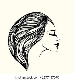 Beauty salon and hairstyle studio illustration.Beautiful woman with long, wavy hair and elegant makeup.Style,cosmetics, spa and aesthetics logo isolated on light background.Cosmetics icon.