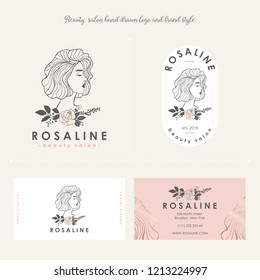 Beauty salon hand drawn logo and brand style. Feminine emblem, visit card in pink, black color. Line art design. Woman profile face