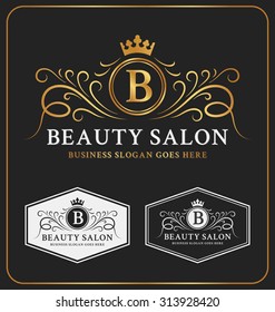 Beauty Salon Heraldic Crest Logo Template Design. Flourish line monogram logotype. Vector illustration