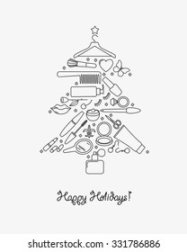 Beauty salon Holiday congratulation card. Christmas tree of Woman cosmetics