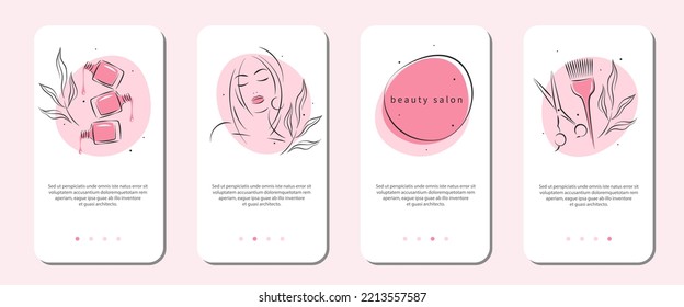 Beauty Salon Icon Set. Beautiful Woman Face, Nail Polish, Scissors And Hair Brush. Vector Illustrations