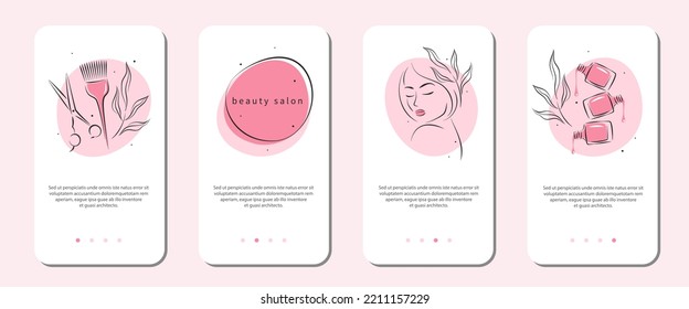 Beauty Salon Icon Set For Mobile Apps, Social Media Posts And Stories. Manicure, Makeup, Hairdressing. Beautiful Woman Face, Nail Polish, Scissors And Hair Brush. Vector Illustrations