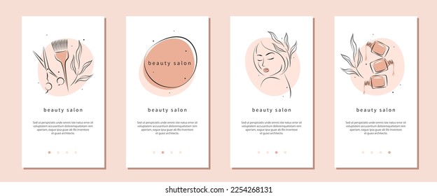 Beauty salon icon set for mobile apps, social media posts and stories. Manicure, makeup, hairdressing. Beautiful woman face, nail polish, scissors and hair brush. Vector illustrations
