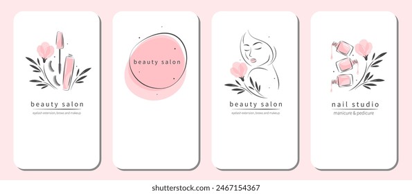 Beauty salon icon set for and nail studio. Manicure, makeup, hairdressing. Beautiful woman face, nail polish. Vector illustrations