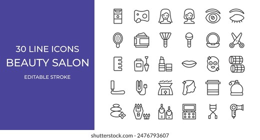 Beauty salon icon set vector illustration editable stroke. hair, hairdryer, brush and more