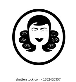 Beauty salon icon of smiling face woman with in circle black color in white background.Vector isolate flat design concept for Hair salon, hairdresser ,hair cut,beauty shop sign symbol.