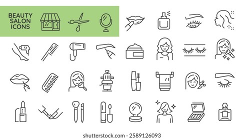 Beauty salon icons. Set of 31 beauty trendy minimal icons. Example: Eye, Lipstick, Haircut, Eyebrow, Perfume icon. Design signs for web page, mobile app, packaging design. Vector illustration.