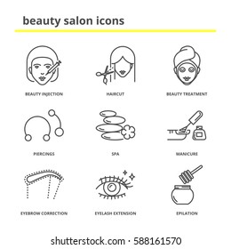 Beauty salon icons set: injection, haircut, treatment, piercings, spa, manicure, eyebrow correction, eyelashes extension, epilation