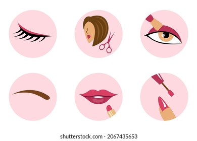 Beauty salon icons vector illustration. Lips, eyebrows, eye make up, nails, hair, manicure and eyelashes. Beauty salon logos isolated. Icons for instagram stories. Pink color social media icons set.