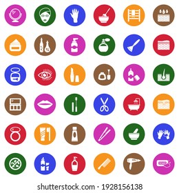 Beauty Salon Icons. White Flat Collection In Circle. Vector Illustration.