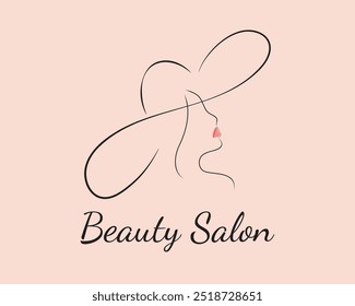 Salón de belleza. Ilustración de un letrero, marca, logotipo de un salón de belleza dibujado en un estilo de línea delgada sobre un fondo rosa: silueta femenina en un sombrero, salón de belleza.