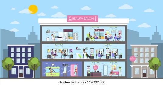 Beauty salon interior building in city. Urban landscape.