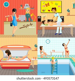 Beauty salon interior concept banners. Reception, massage, solarium and sauna. Women in spa and beauty studio vector illustration flat cartoon style