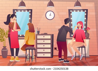 El concepto de salón de belleza en el diseño de dibujos animados planos. Beautician se maquillan con una clienta femenina, la peluquería selecciona el corte de pelo y el estilo de cabello para la mujer. Ilustración vectorial con fondo de escena de personas