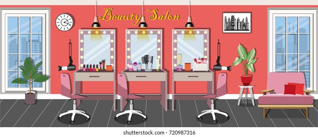 Beauty salon interior design with dressing tables, chairs, armchair, lamps and large windows. Flat style vector illustration.
