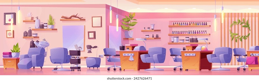 Beauty salon interior design. Vector cartoon illustration of large light room with furniture and equipment for manicure, hairstyling services, cosmetic, nail polish bottles on shelf, mirrors on wall