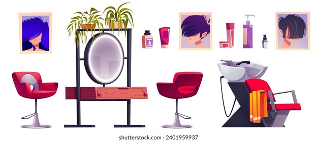 Equipamiento interior y cosméticos en el salón de belleza. Dibujo vectorial de dibujos animados conjunto de peluquería tienda y mobiliario de estudio - sillón y espejo con mesa y cajón, lavabo para lavar el pelo, afiche de la pared