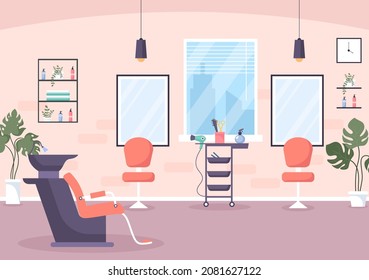 Beauty Salon Interior Flat Design Illustration There is Furniture, Table, Chairs, Bathtub, Mirror or Hairdryer for Washing, Manicure Pedicure, Cutting Hair and Make up
