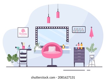 Beauty Salon Interior Flat Design Illustration There is Furniture, Table, Chairs, Bathtub, Mirror or Hairdryer for Washing, Manicure Pedicure, Cutting Hair and Make up
