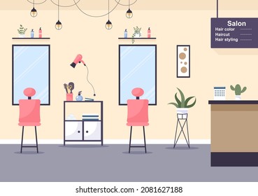 Beauty Salon Interior Flat Design Illustration There is Furniture, Table, Chairs, Bathtub, Mirror or Hairdryer for Washing, Manicure Pedicure, Cutting Hair and Make up

