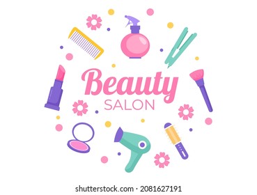 Beauty Salon Interior Flat Design Illustration There is Furniture, Table, Chairs, Bathtub, Mirror or Hairdryer for Washing, Manicure Pedicure, Cutting Hair and Make up
