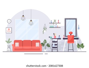 Beauty Salon Interior Flat Design Illustration There is Furniture, Table, Chairs, Bathtub, Mirror or Hairdryer for Washing, Manicure Pedicure, Cutting Hair and Make up
