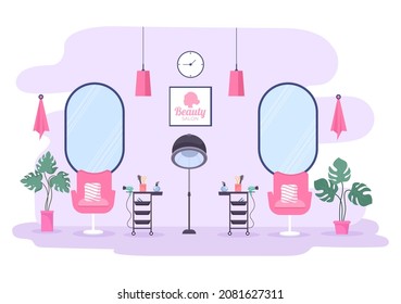 Beauty Salon Interior Flat Design Illustration There is Furniture, Table, Chairs, Bathtub, Mirror or Hairdryer for Washing, Manicure Pedicure, Cutting Hair and Make up
