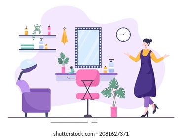Beauty Salon Interior Flat Design Illustration There is Furniture, Table, Chairs, Bathtub, Mirror or Hairdryer for Washing, Manicure Pedicure, Cutting Hair and Make up
