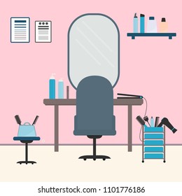 Beauty salon interior flat  vector illustration. Workplace of the hairdresser. Hairdressing tools. Beauty accessories for haircare. 