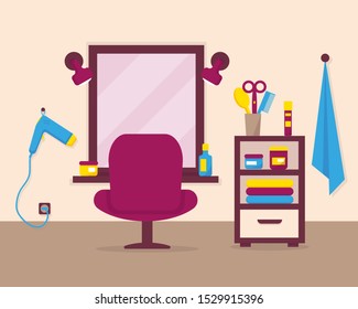 Beauty salon interior with furniture and accessories. Vector illustration.