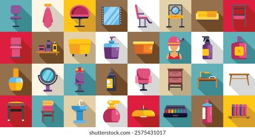 Beauty salon interior icons set. Colorful set of beauty salon and hairdressing accessories and furniture icons with long shadow